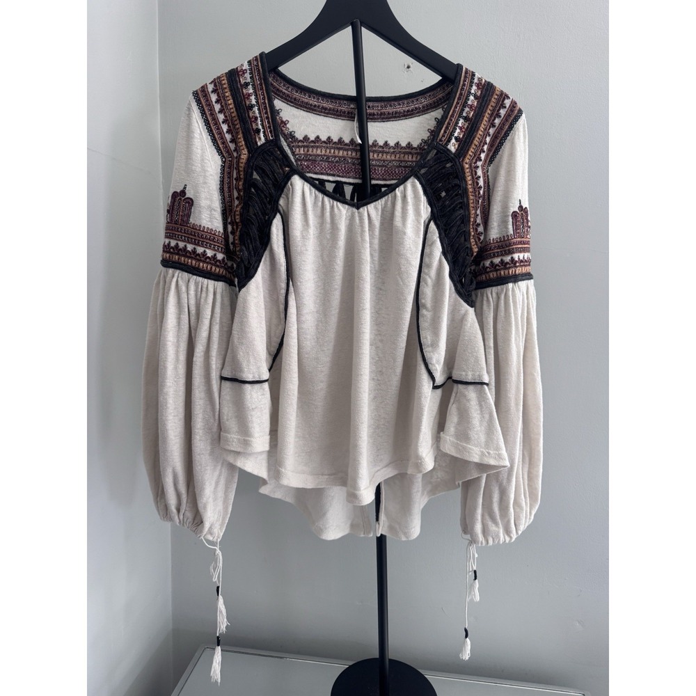 Free People Snow Kisses Top Boho Embroidered Bell Sleeve Blouse Ivory S